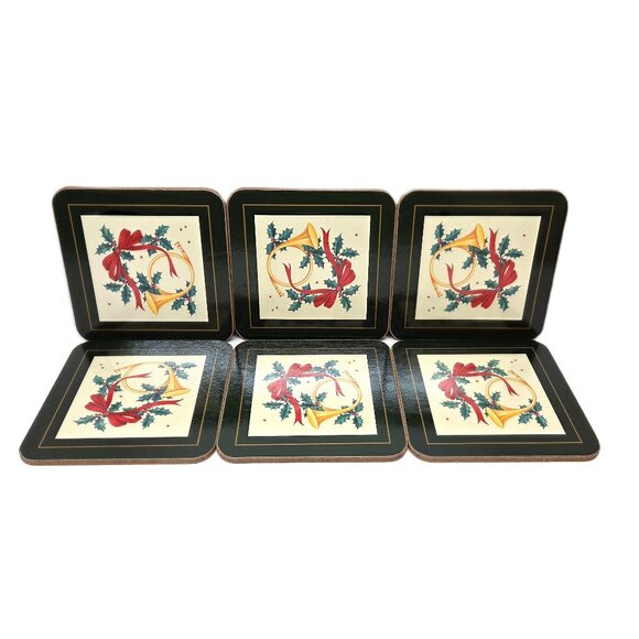 Pimpernel Cork Coaster Set x6 Christmas Holly Horn Ribbon Celebration Yuletide - Picture 1 of 4